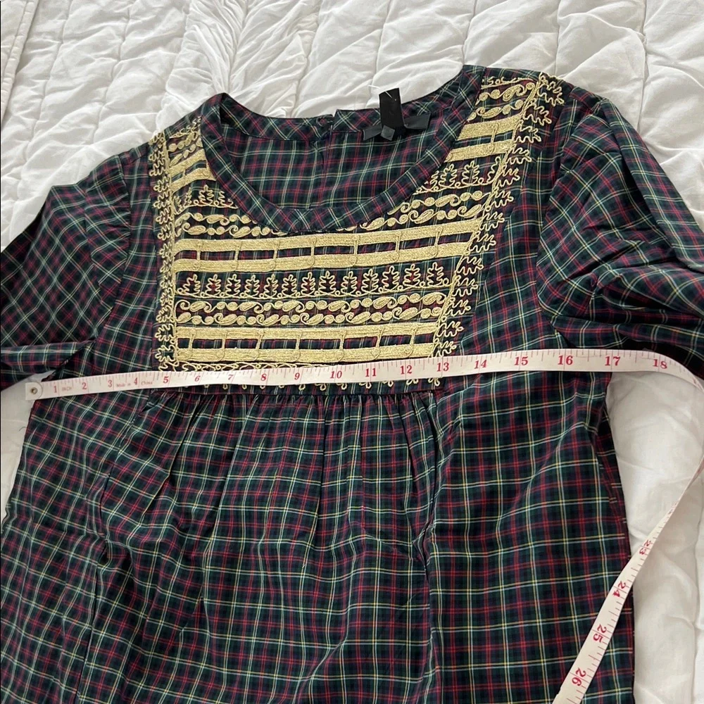 NWT J.Crew Embroidered in Gold Holiday Plaid Peasant Blouse Top PXS